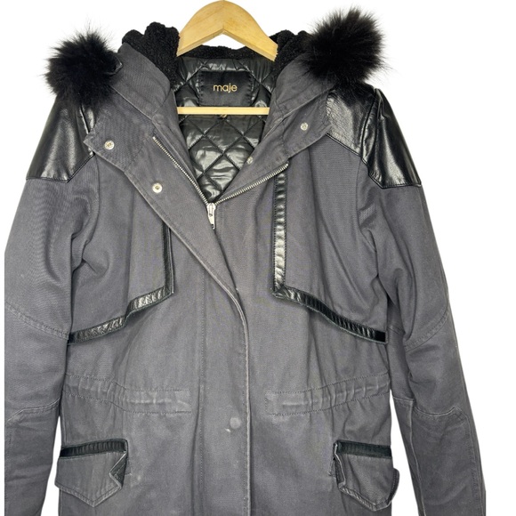 Maje | Black Parka Coat | Removable Fur Hood & Quilted Liner | Size 2 (Small) - Picture 2 of 12